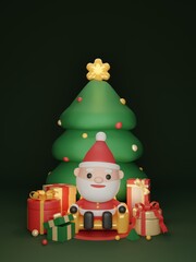 Christmas invitation card with Santa claus and christmas ornaments. 3D rendering