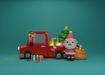 Christmas invitation card with Santa claus and christmas ornaments. 3D rendering