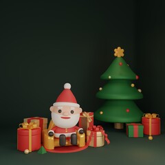 Christmas invitation card with Santa claus and christmas ornaments. 3D rendering