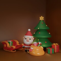 Christmas invitation card with Santa claus and christmas ornaments. 3D rendering