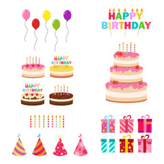 Happy birthday party birthday cake box Celebration Party Hat Gifts Multicolor balloons birthday candles set isolated flat vector graphic design illustration And icon elements