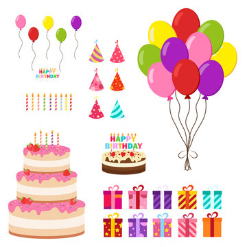 Happy birthday party birthday cake box Celebration Party Hat Gifts Multicolor balloons birthday candles set isolated flat vector graphic design illustration And icon elements
