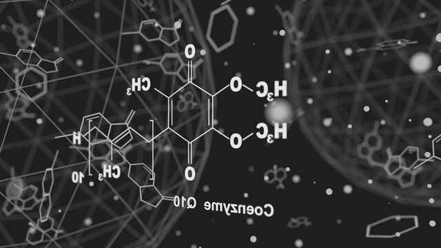 Coenzyme Q10 molecule, chemical structure. Production of cellular energy. Lines and dots connected background. 3D rendering