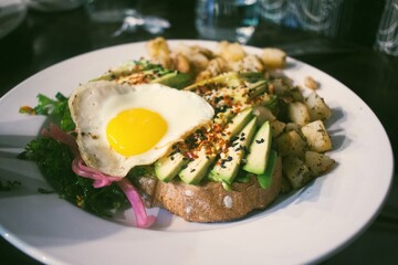 fried eggs with avocado on toast