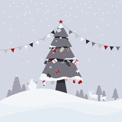 Christmas tree and decorated in the snow. Vector illustration.