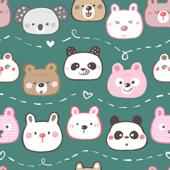 Seamless Pattern with Cartoon Bear, Koala and Panda Face Design on Dark Green Background