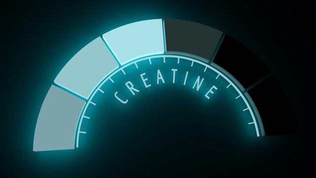 Gradient scale. Creatine level measuring device icon. Sign tachometer, speedometer, indicators. Infographic gauge element. 3D rendering. Neon shine scale