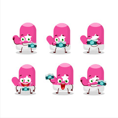 Photographer profession emoticon with new pink gloves cartoon character