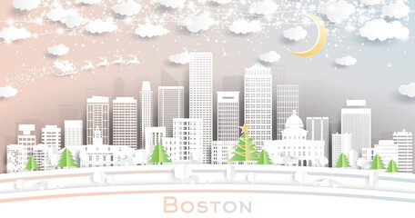 Boston Massachusetts USA City Skyline in Paper Cut Style with Snowflakes, Moon and Neon Garland.