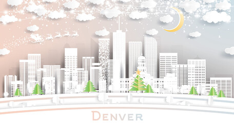Denver Colorado USA City Skyline in Paper Cut Style with Snowflakes, Moon and Neon Garland. - obrazy, fototapety, plakaty