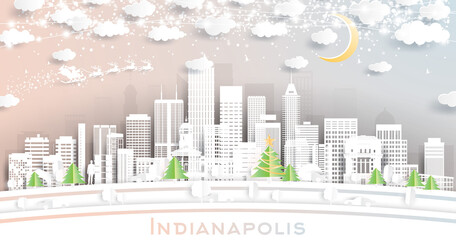 Indianapolis Indiana USA City Skyline in Paper Cut Style with Snowflakes, Moon and Neon Garland.