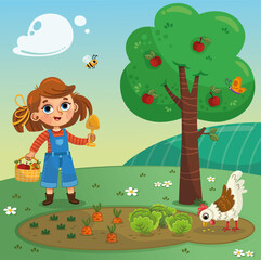 Obraz na płótnie Canvas Little girl at the farm with the chicken. Vector illustration.
