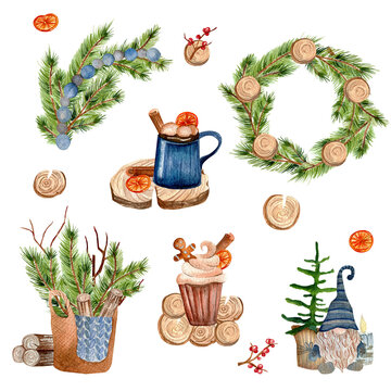 Hygge style for new year and christmas. Watercolor cozy winter compositions. Cocoa, wicker basket with Christmas tree branches, wreath of branches, cupcake with ginger man, gnome with Christmas tree. 