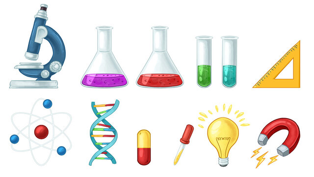 science theme elements. drawing of microscope, dna, pills, ruler, test tubes