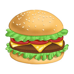 Hamburger. Cheeseburger. color illustration in cartoon style. Drawing fast food
