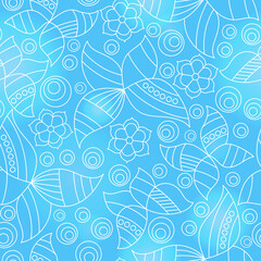 Naklejka premium Seamless pattern with contour stained glass butterflies and flowers, outline moths on a blue background