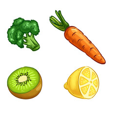 Illustration of broccoli carrot kiwi and lemon.