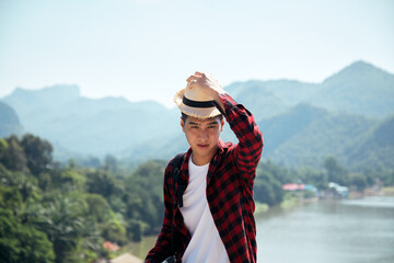 Man traveler with a backpack