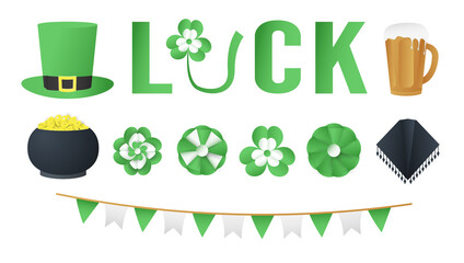Elements for St. Patrick's Day. Vector illustration is designed in 3D paper cut and craft style.