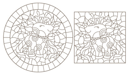 Set of contour illustrations of stained glass Windows with funny cartoon deers and Holly,  dark contours on a white background
