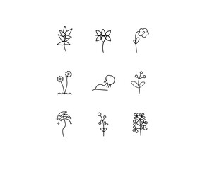 Plants, abstract icon set. Cute, small, growing, plants, progress, minimal vector illustrations. Minimal outline stroke icon set for websites.