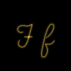 Gold glitter letter F, star sparkle trail font