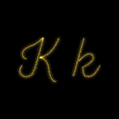 Gold glitter letter K, star sparkle trail font