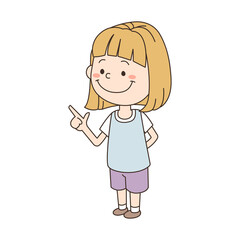 Vector of cute cartoon girl holding finger up.