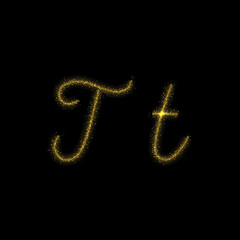 Gold glitter letter T, star sparkle trail font