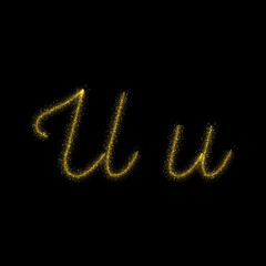 Gold glitter letter U, star sparkle trail font