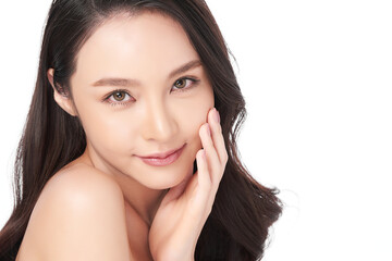 Fototapeta premium Beautiful young asian woman with clean fresh skin on white background, Face care, Facial treatment, Cosmetology, beauty and spa, Asian women portrait