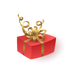 Red gift box with gold ribbon and bow.