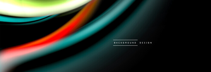 Dynamic motion abstract background. Color blurred stripes on black. Wave liquid lines poster. Vector illustration