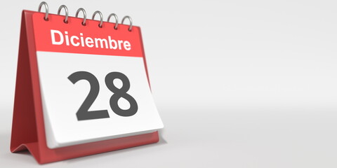 December 28 date written in Spanish on the flip calendar, 3d rendering