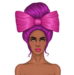 JPEG portrait African American woman with a bundle of crimson hair pinned with big pink bow. Fashionable model with clean healthy skin. Close-up Attractive girl with bare shoulders. Design Fashion
