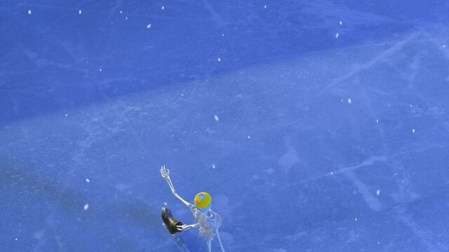 Aerial View Of Skeleton Skating On Ice With Snow - 3D Illustration Animation