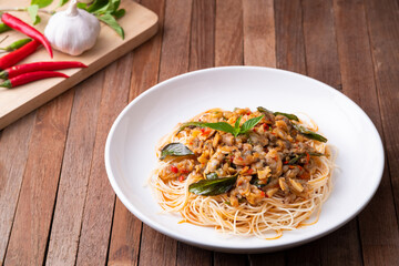 Stir fried capellini pasta with Short Necked Clam .Thai style food