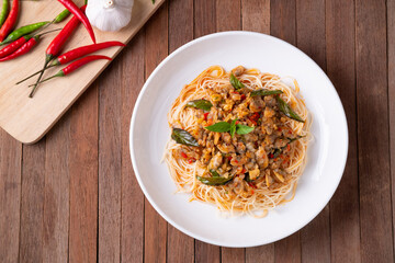 Stir fried capellini pasta with Short Necked Clam .Thai style food