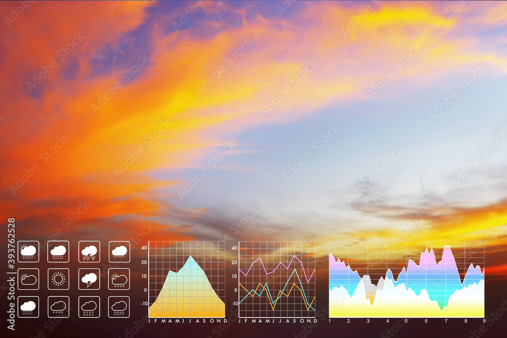 Wall mural weather forecast symbol data presentation with graph and chart on dramatic atmosphere panorama view 