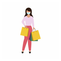 A girl in a medical mask stands with packages. The woman in the mask and the shopping bags. Vector flat character.