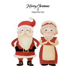 Merry Christmas and Happy New Year with Santa Claus and his wife Mrs. Claus standing together. Watercolor design on white background vector illustration
