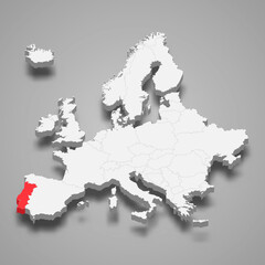 Fototapeta premium Portugal country location within Europe 3d map