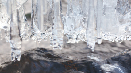 Frozen ice undo the river, close up