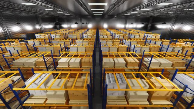 Warehouse with cardboard boxes inside on pallets racks, logistic center. Loft modern warehouse. Cardboard boxes on a conveyor belt in a warehouse, 4K 3D rendering  animation .
