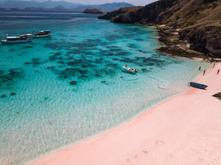 Pink Beach in Padar Island Komodo National park, Indonesia drone view 
