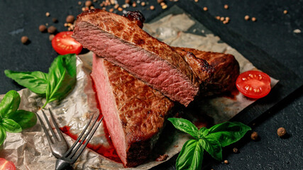 Food banner. Close-up rare beef steak. Juicy and appetizing meat. Spices and herbs on a dark background.