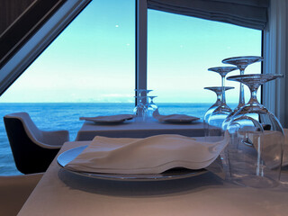 Formal and elegant ocean view dining room restaurant onboard luxury cruiseship or cruise ship liner...
