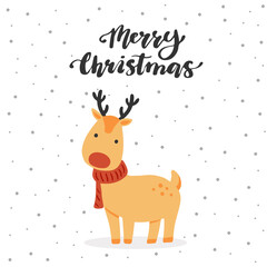 Christmas greeting card design with cartoon Reindeer character, hand drawn design elements, lettering qoute Merry Christmas.