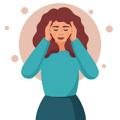 Young woman having headache. Concept of migraine, stress, mental disorder, sorrow and depression. Vector illustration.
