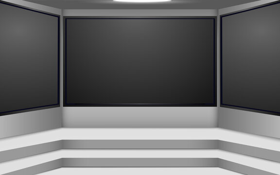 white stage and lcds background in a news studio room
